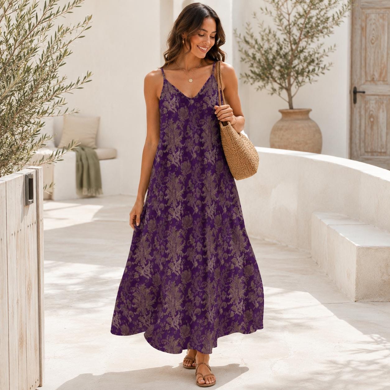 Woman wearing a long purple spaghetti strap maxi dress printed all over with taupe damask scrollwork and stylized flowers, carrying a straw bag on a white washed patio.