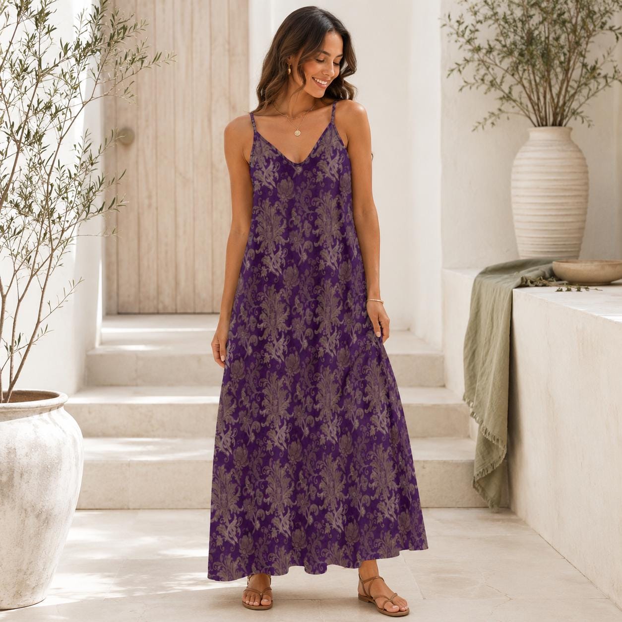Purple and Taupe Damask Floral Print Maxi Dress with Spaghetti Straps