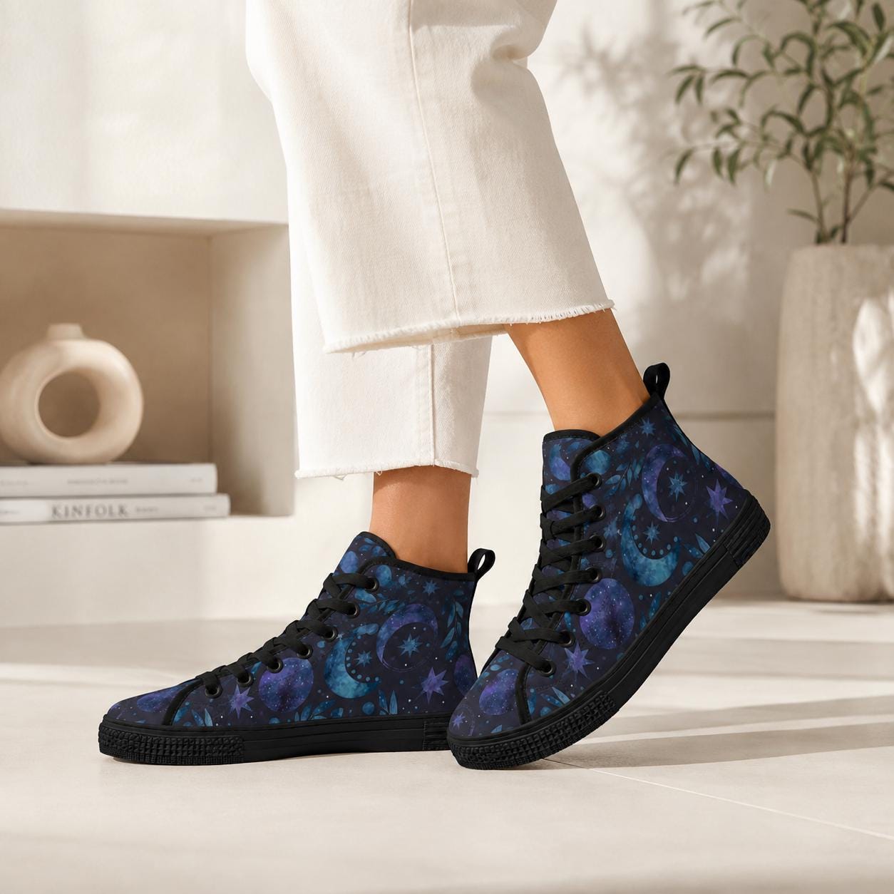 Celestial High Top Sneakers, Watercolor Moon Star Galaxy Print Canvas Shoes