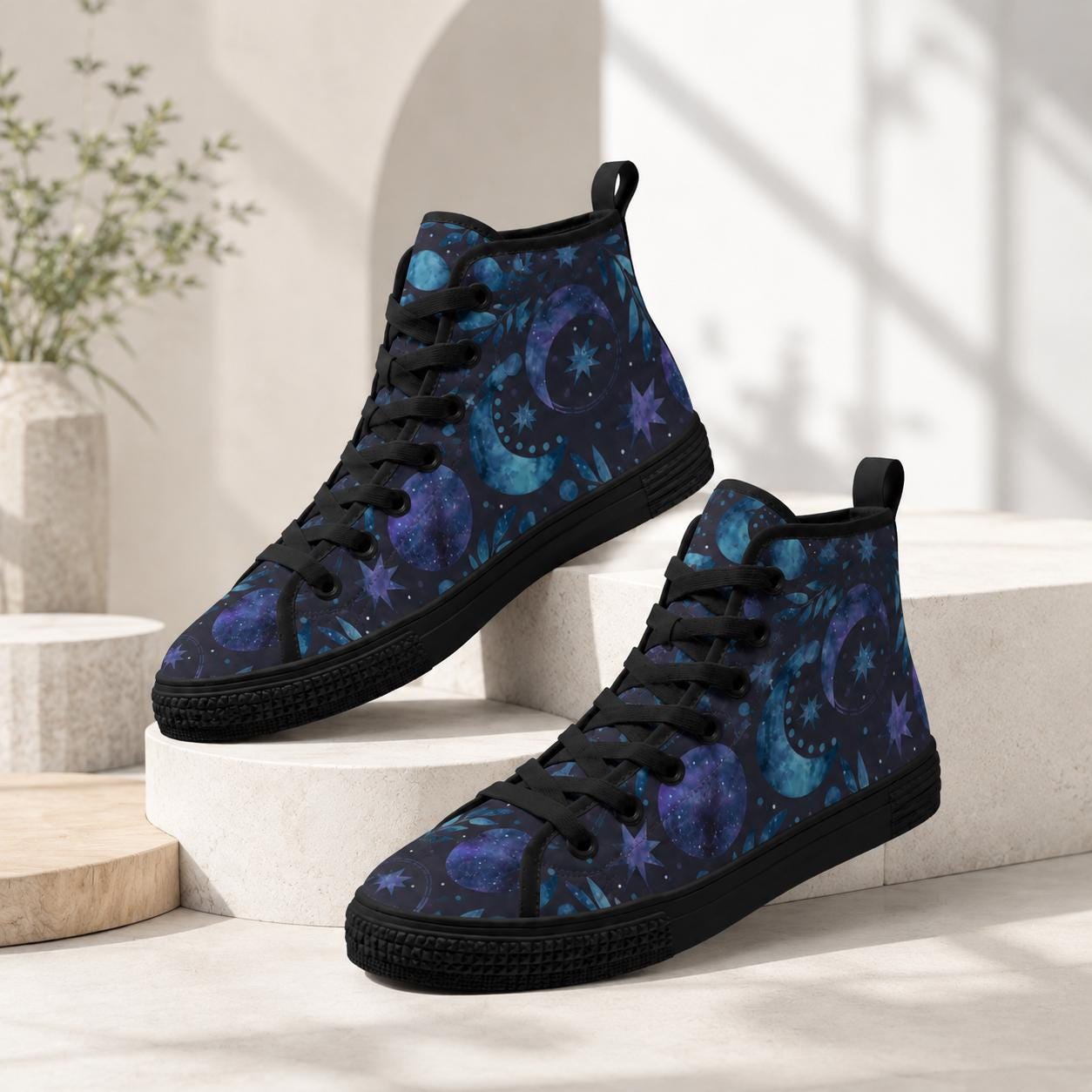 Celestial High Top Sneakers, Watercolor Moon Star Galaxy Print Canvas Shoes