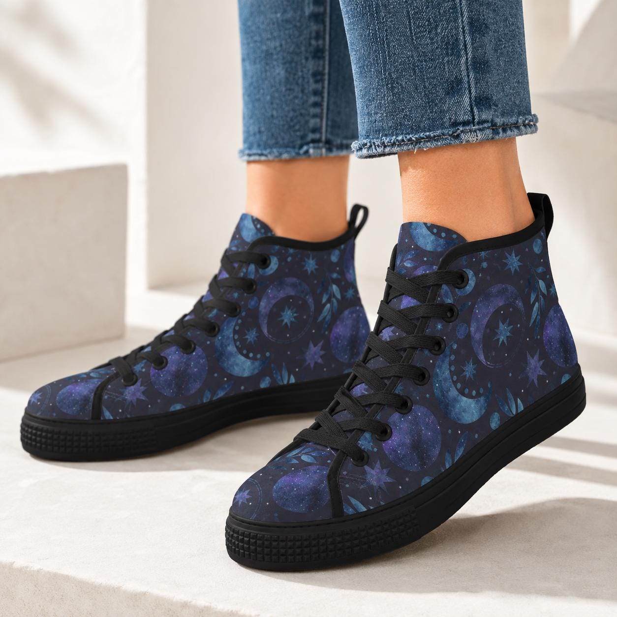 Celestial High Top Sneakers, Watercolor Moon Star Galaxy Print Canvas Shoes