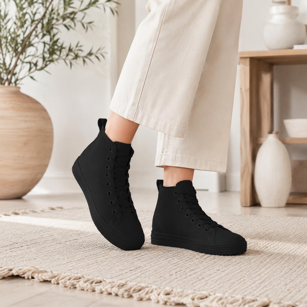 All Black Canvas High Top Sneakers, Minimalist Lace Up Trainers, Everyday Goth Shoes