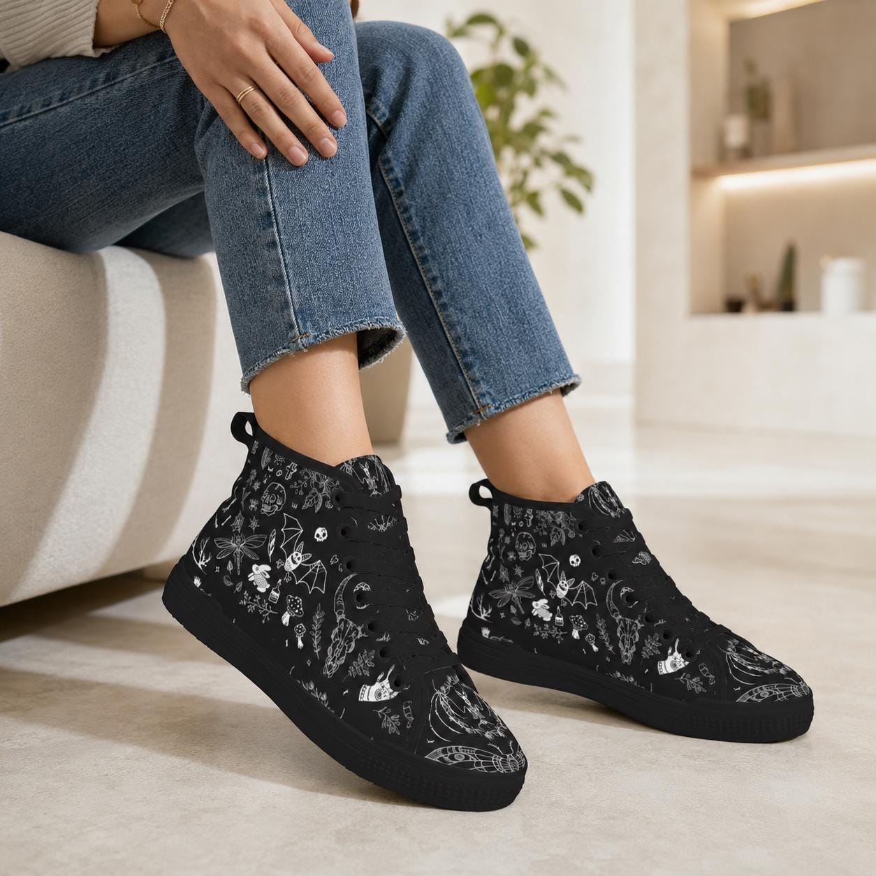 Witchy High Top Sneakers, Black Canvas Shoes with Skull Moth Mushroom Print