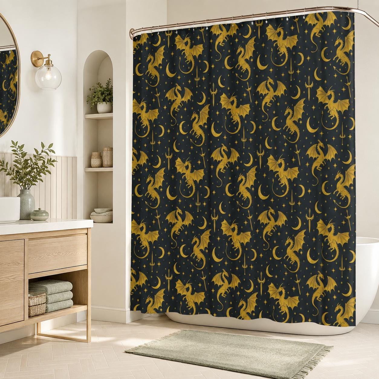 Gold Dragon Celestial Shower Curtain, Moon Star Sword Print Bathroom Decor