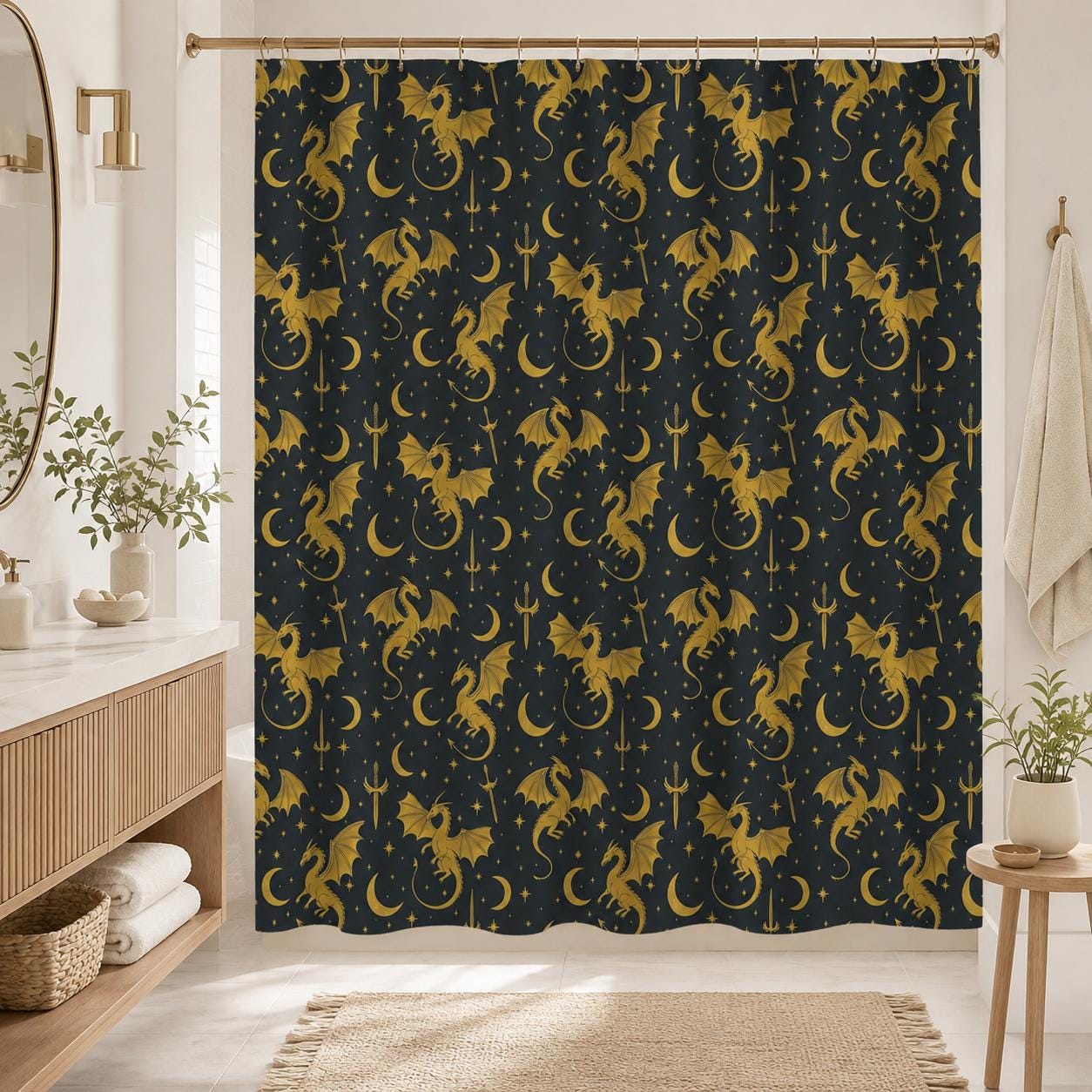 Gold Dragon Celestial Shower Curtain, Moon Star Sword Print Bathroom Decor