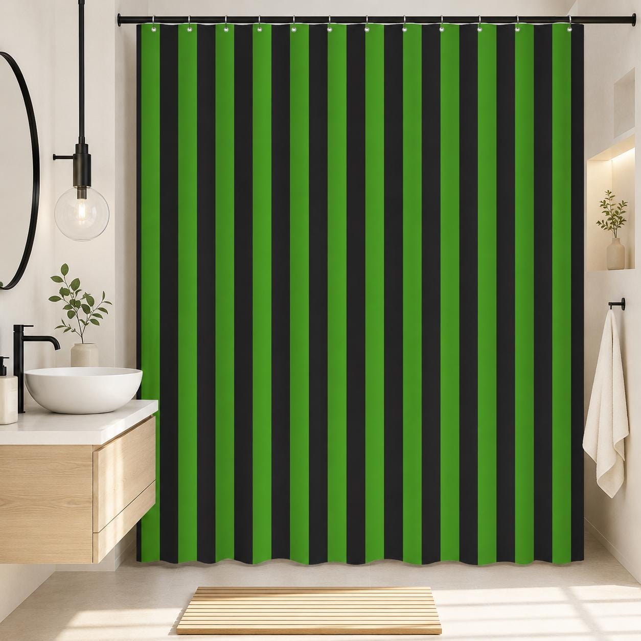 Green Black Striped Shower Curtain, Bold Vertical Stripe Bathroom Decor, Spooky Halloween Curtain