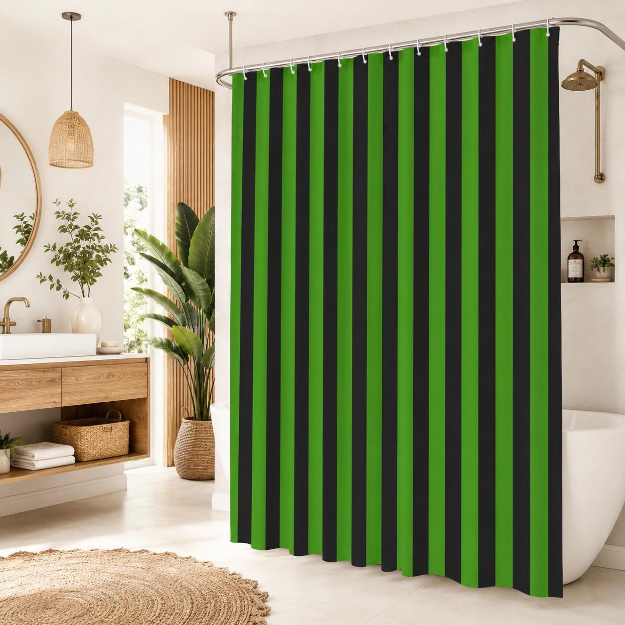 Green Black Striped Shower Curtain, Bold Vertical Stripe Bathroom Decor, Spooky Halloween Curtain