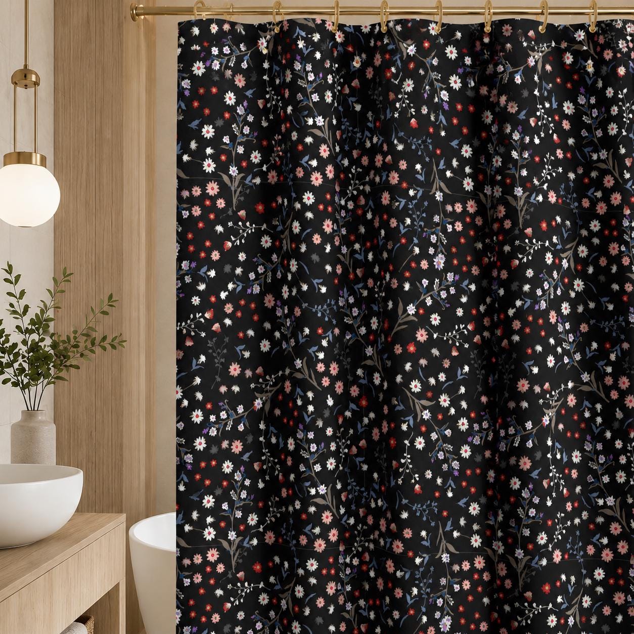Black Ditsy Floral Shower Curtain, Moody Wildflower Bathroom Decor, Romantic Cottage Guest Bath Accent