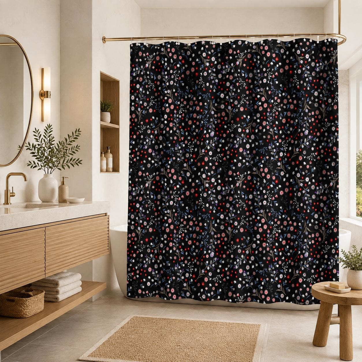Black Ditsy Floral Shower Curtain, Moody Wildflower Bathroom Decor, Romantic Cottage Guest Bath Accent