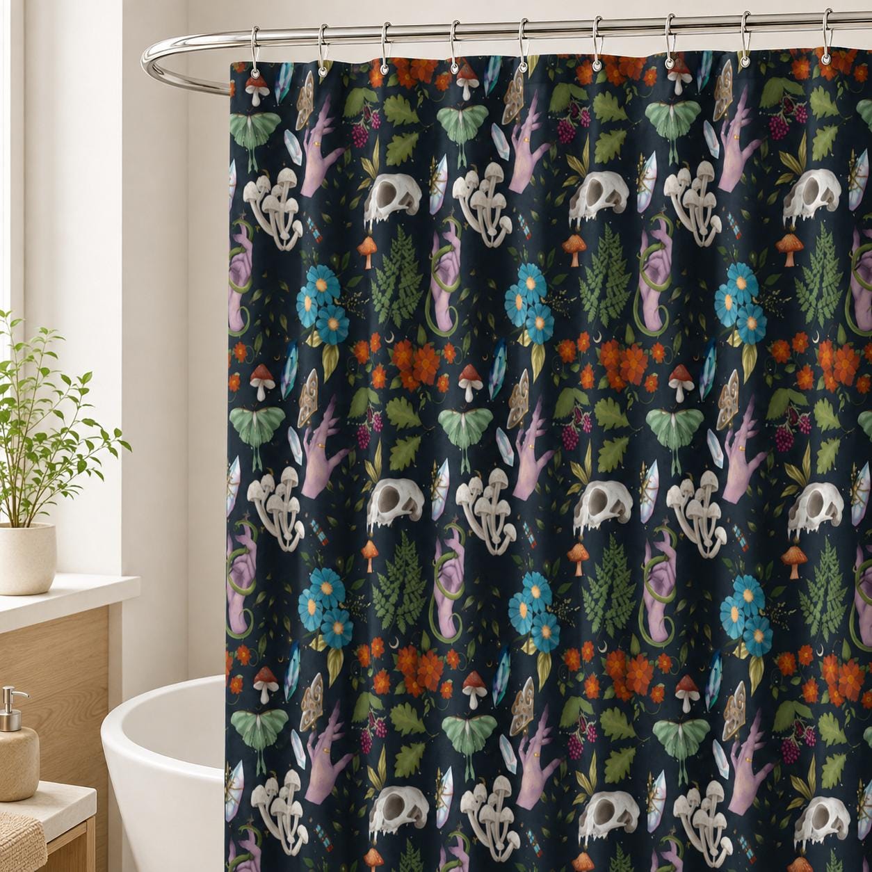 Dark Botanical Mushroom Shower Curtain, Witchy Moth Skull Cottagecore Decor