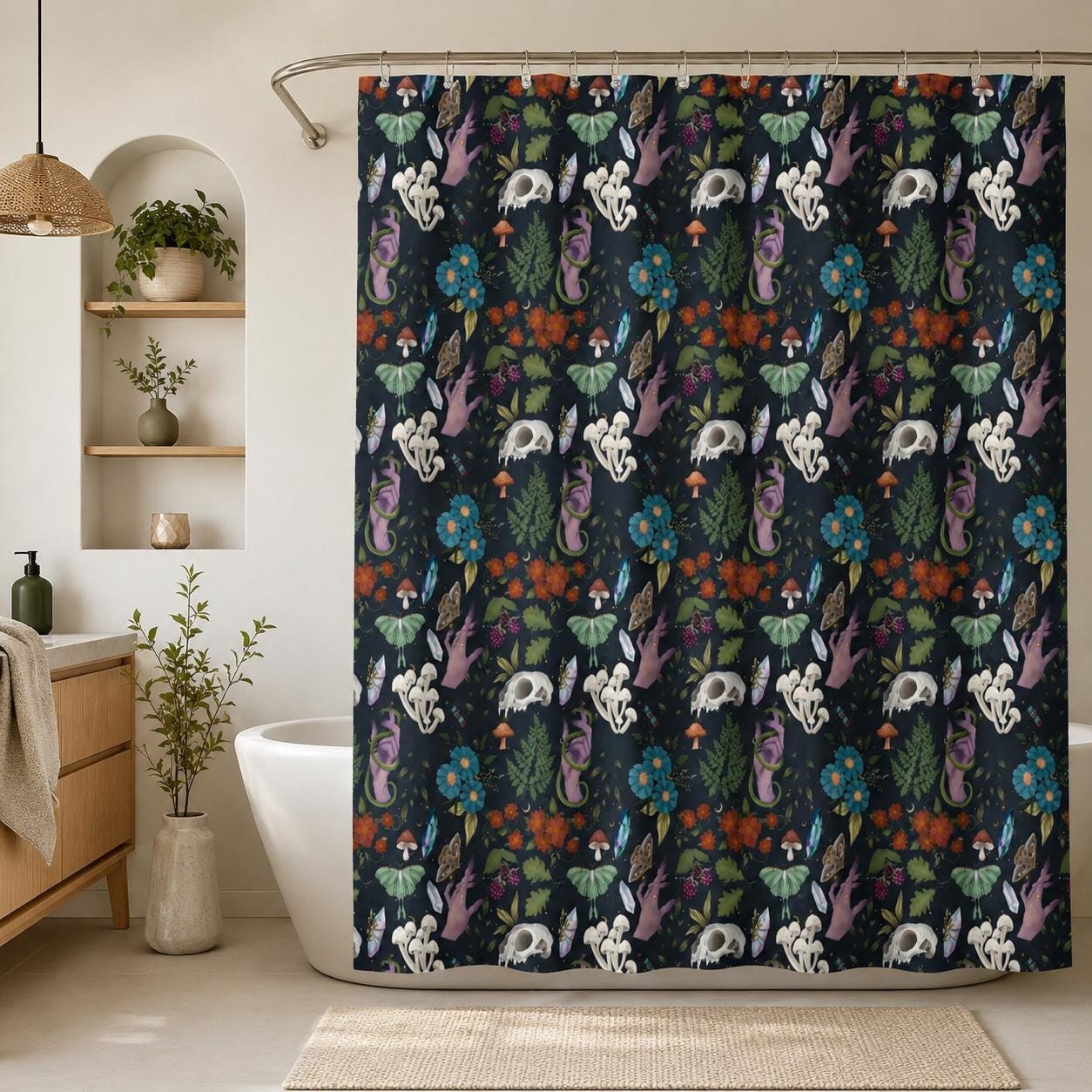 Dark Botanical Mushroom Shower Curtain, Witchy Moth Skull Cottagecore Decor