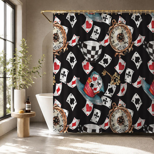 Wonderland Shower Curtain, Playing Cards, Clocks, Mad Tea Party Bathroom Decor