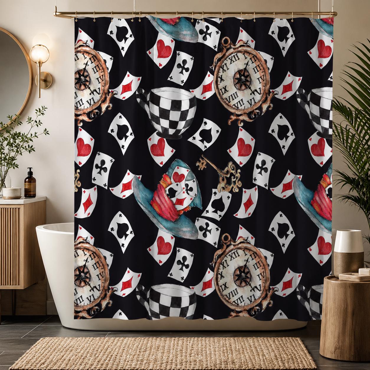 Wonderland Shower Curtain, Playing Cards, Clocks, Mad Tea Party Bathroom Decor