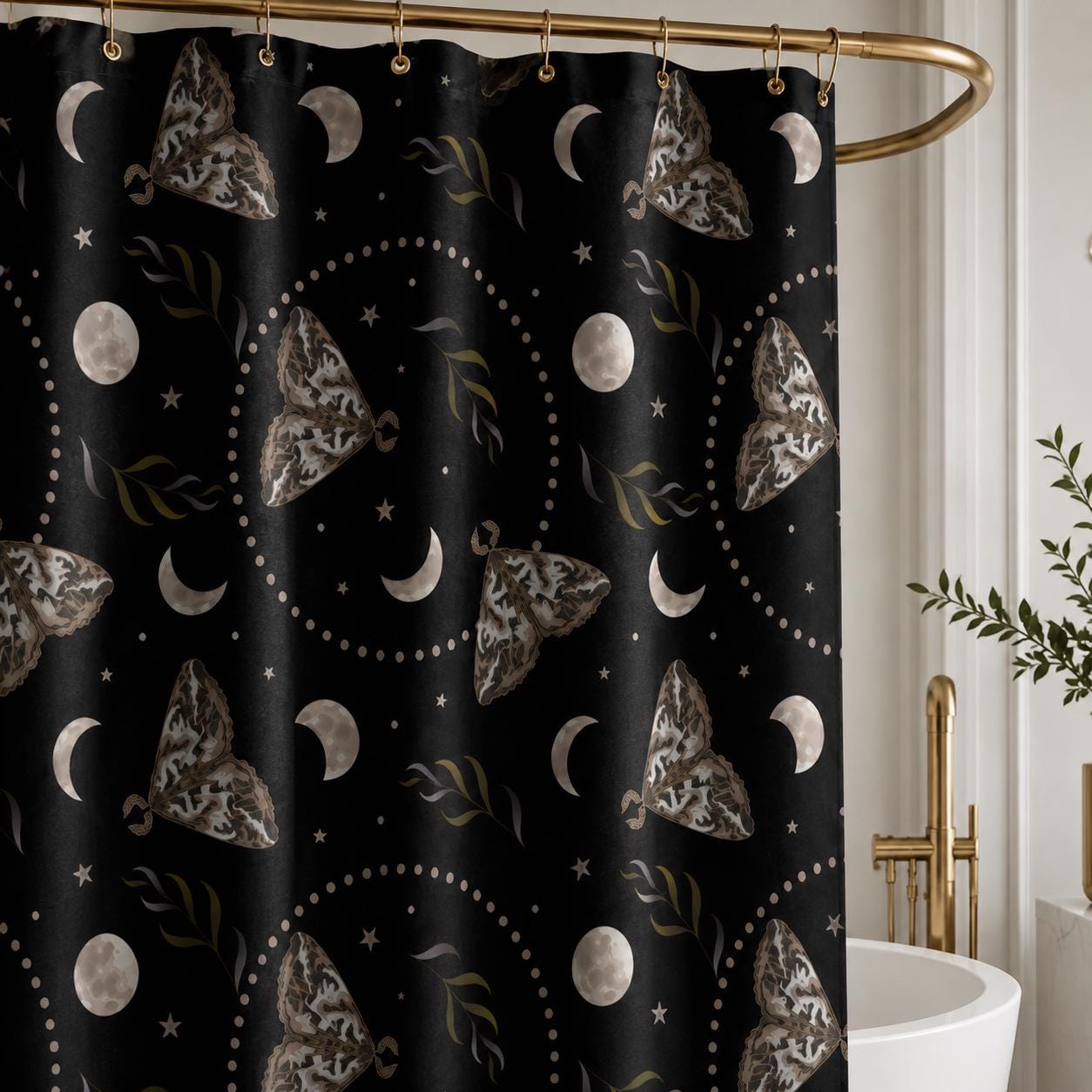 Moth Moon Phase Shower Curtain, Celestial Stars Witchy Bathroom Decor