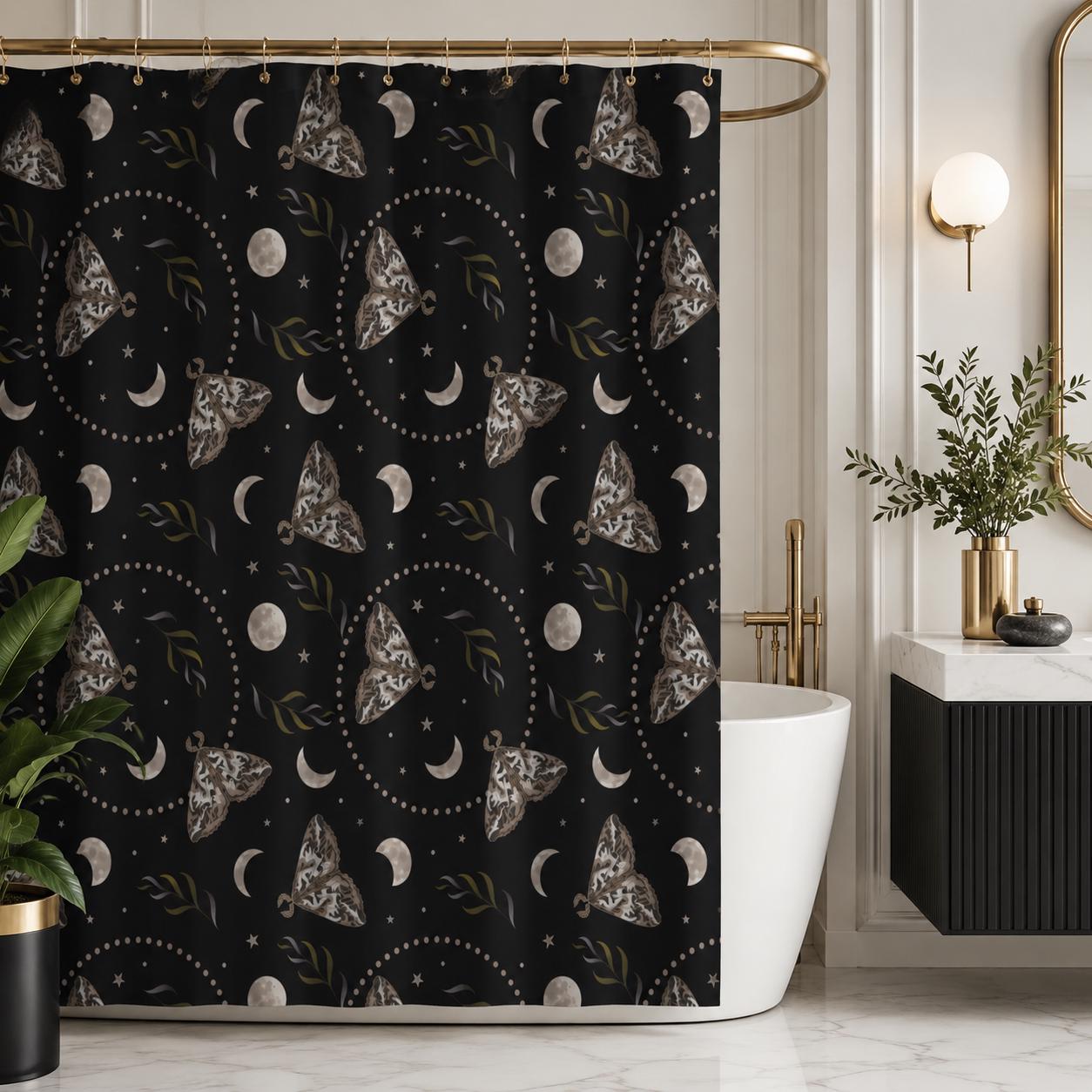Moth Moon Phase Shower Curtain, Celestial Stars Witchy Bathroom Decor