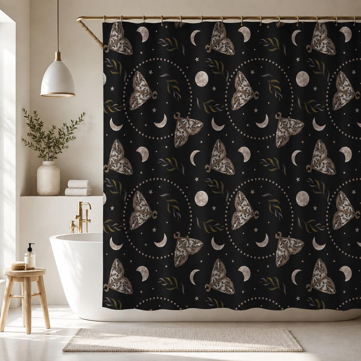 Moth Moon Phase Shower Curtain, Celestial Stars Witchy Bathroom Decor