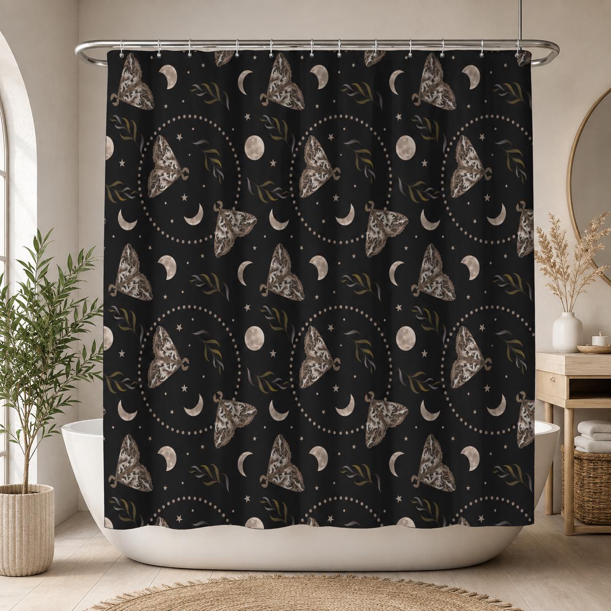 Moth Moon Phase Shower Curtain, Celestial Stars Witchy Bathroom Decor