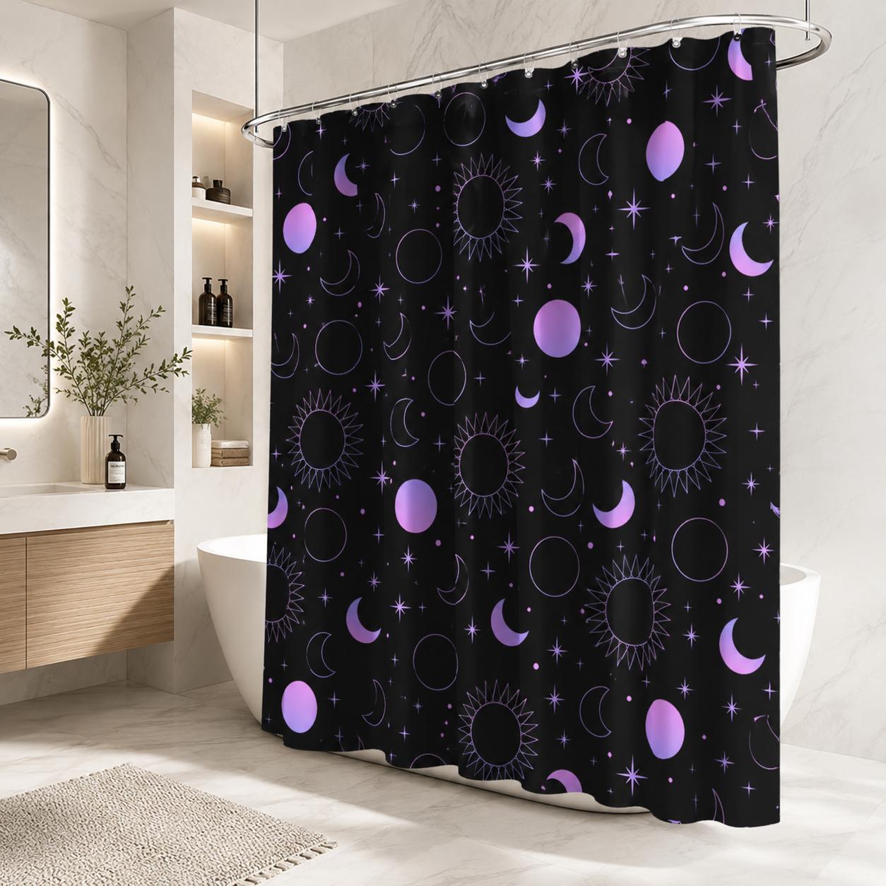 Celestial Sun Moon Shower Curtain, Black Purple Stars Gothic Bathroom Decor