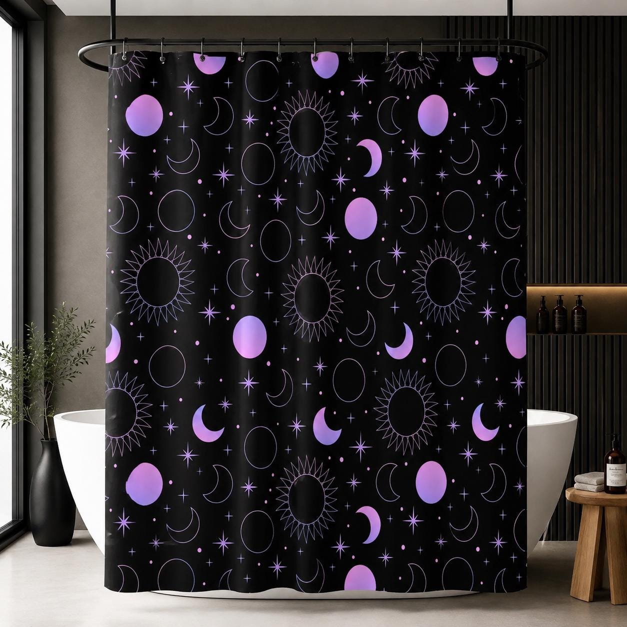 Celestial Sun Moon Shower Curtain, Black Purple Stars Gothic Bathroom Decor