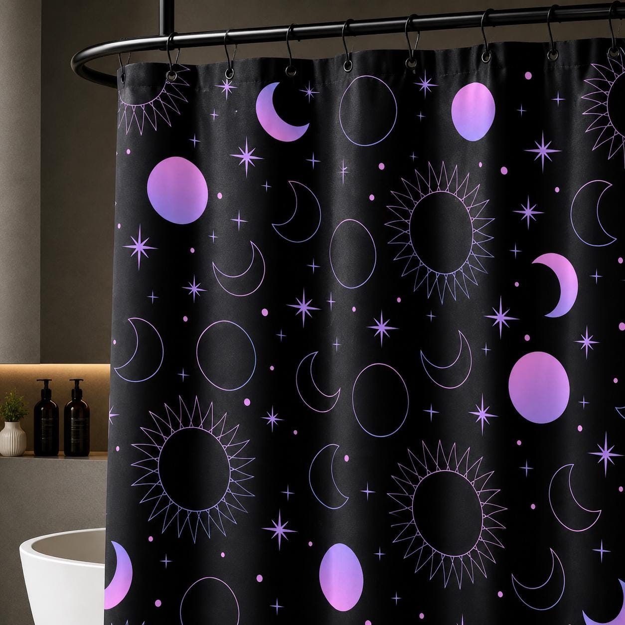 Celestial Sun Moon Shower Curtain, Black Purple Stars Gothic Bathroom Decor