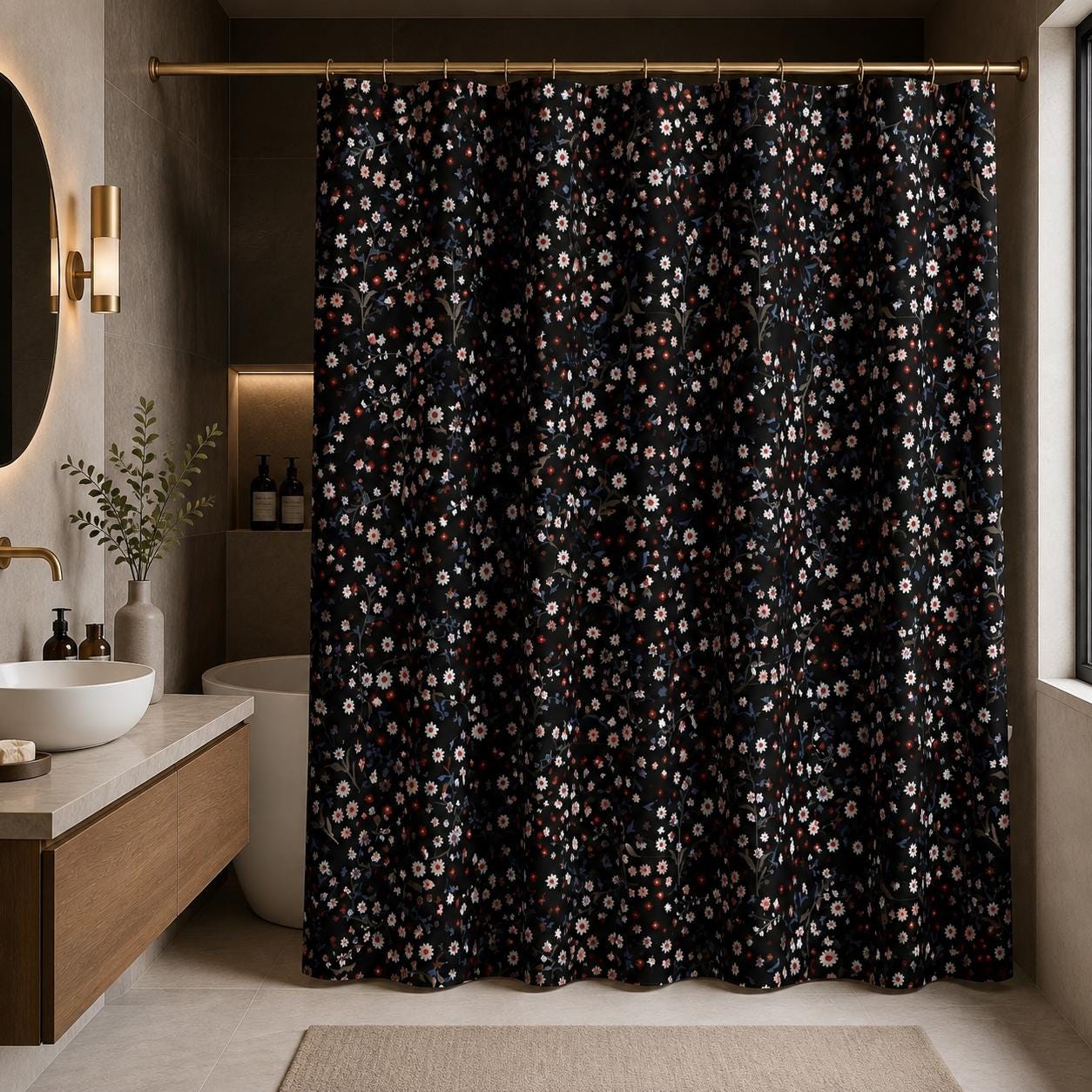 Black Ditsy Floral Shower Curtain, Moody Wildflower Bathroom Decor, Romantic Cottage Guest Bath Accent