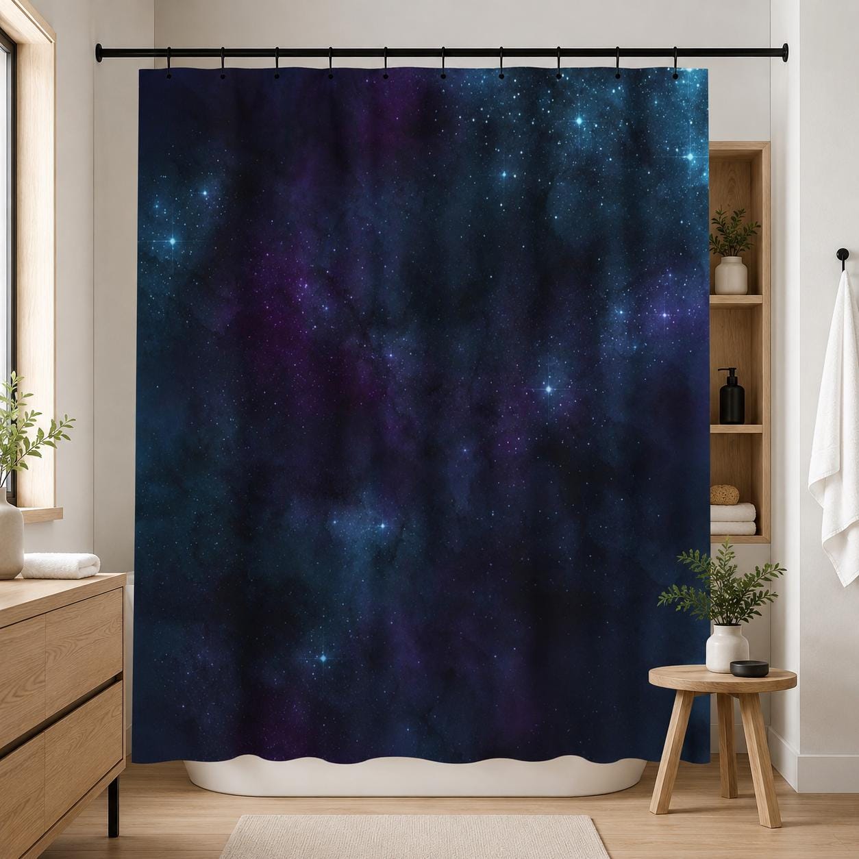 Deep Space Nebula Shower Curtain, Purple Stars Galaxy Bath Decor
