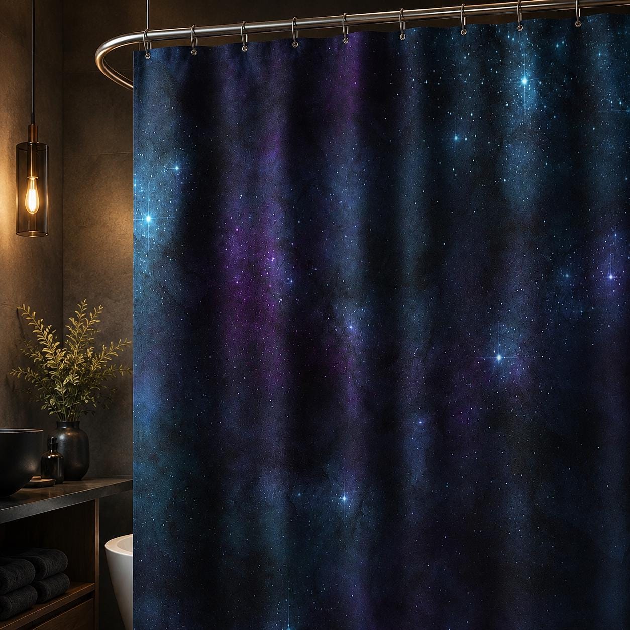 Deep Space Nebula Shower Curtain, Purple Stars Galaxy Bath Decor