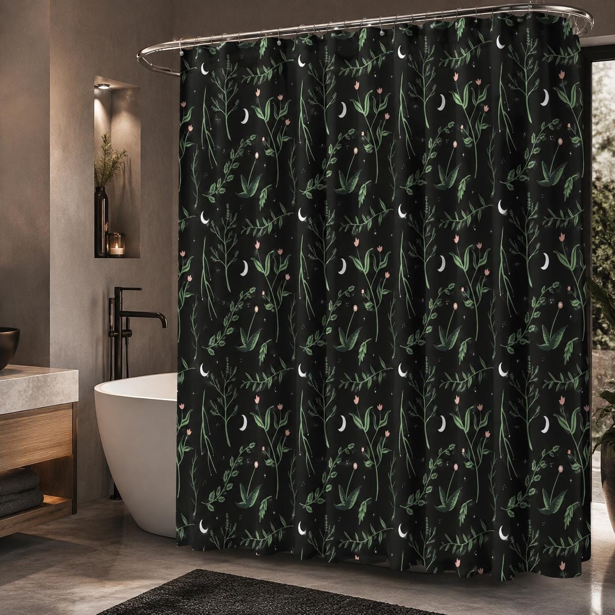 Crescent Moon Botanical Shower Curtain, Dark Floral Bathroom Decor, Cottagecore Guest Bath Accent