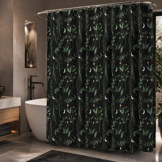 Crescent Moon Botanical Shower Curtain, Dark Floral Bathroom Decor, Cottagecore Guest Bath Accent