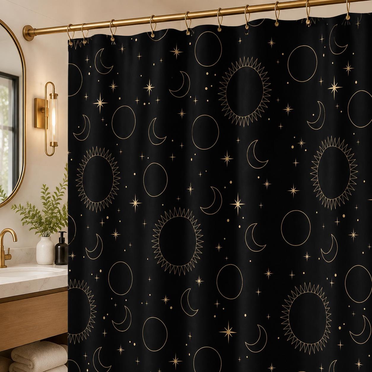Hand Drawn Celestial Shower Curtain, Black Gold Sun Moon Stars, Modern Bathroom Decor