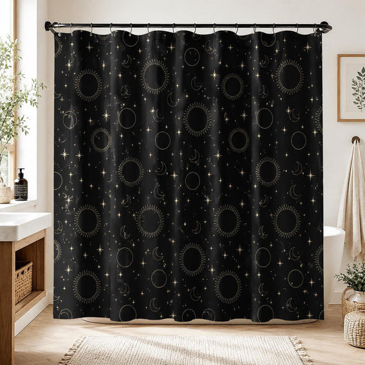 Hand Drawn Celestial Shower Curtain, Black Gold Sun Moon Stars, Modern Bathroom Decor