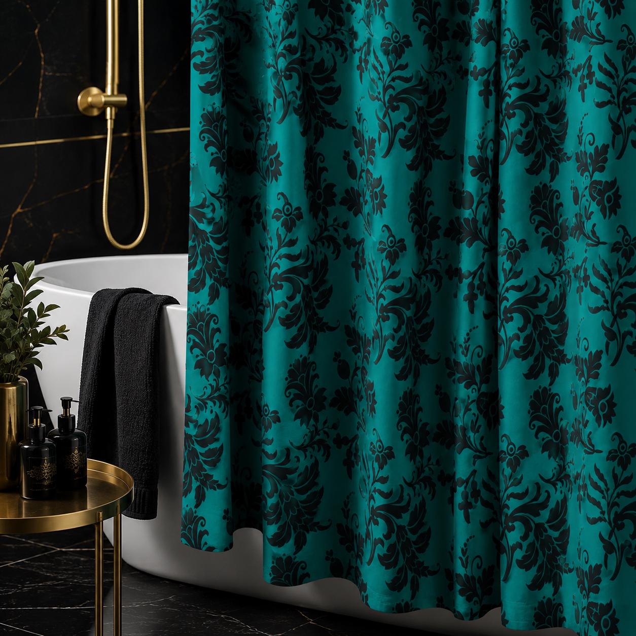Teal Black Damask Shower Curtain, Victorian Jewel Tone Bathroom Decor