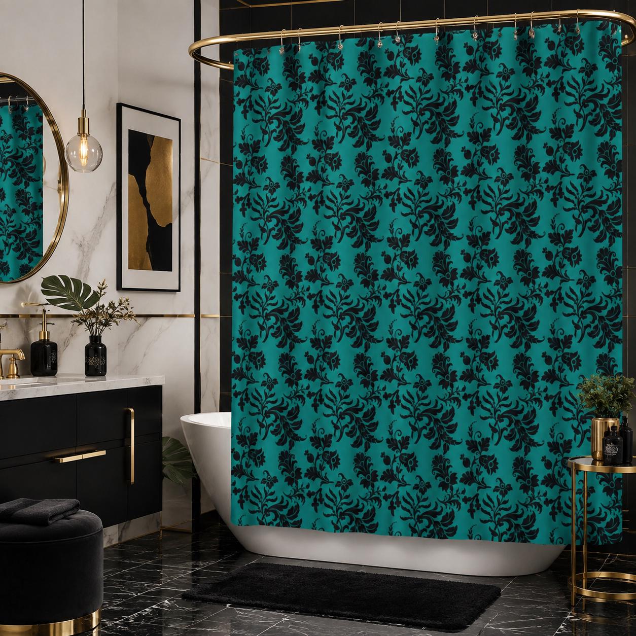 Teal Black Damask Shower Curtain, Victorian Jewel Tone Bathroom Decor