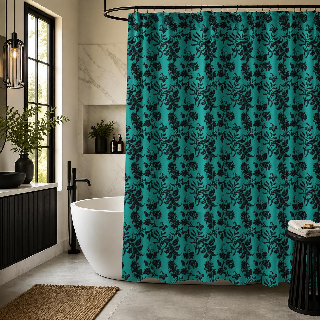 Teal Black Damask Shower Curtain, Victorian Jewel Tone Bathroom Decor