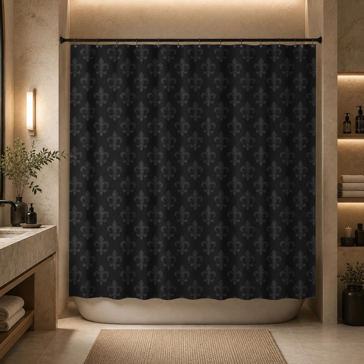 Fleur de Lis Shower Curtain, Tonal Black Damask Bath Curtain, Victorian Gothic Decor