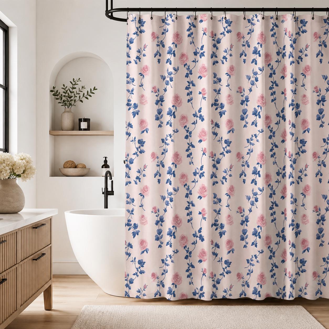 Vintage Rose Shower Curtain, Pink Blue Floral, Shabby Chic French Country Bath Decor