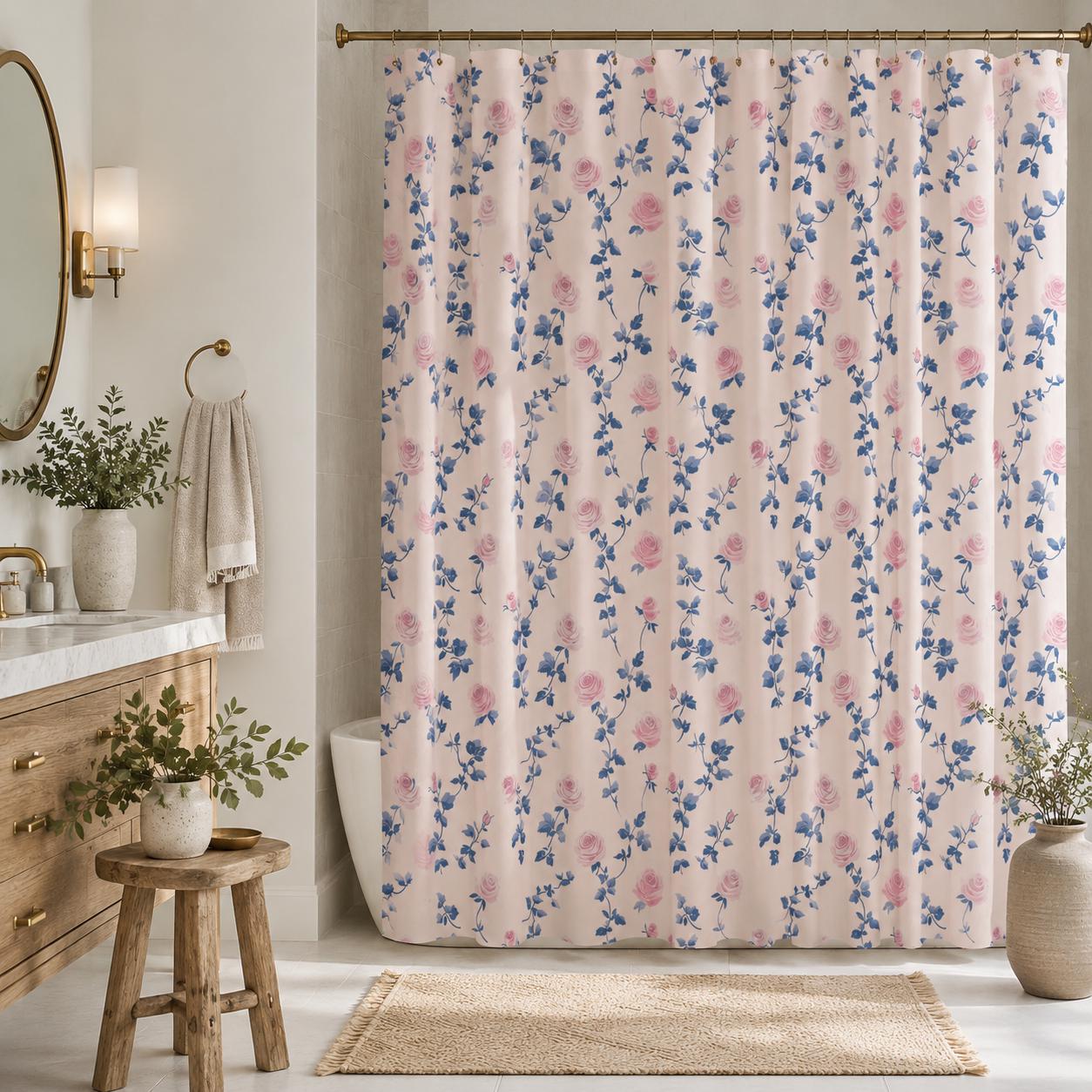 Vintage Rose Shower Curtain, Pink Blue Floral, Shabby Chic French Country Bath Decor