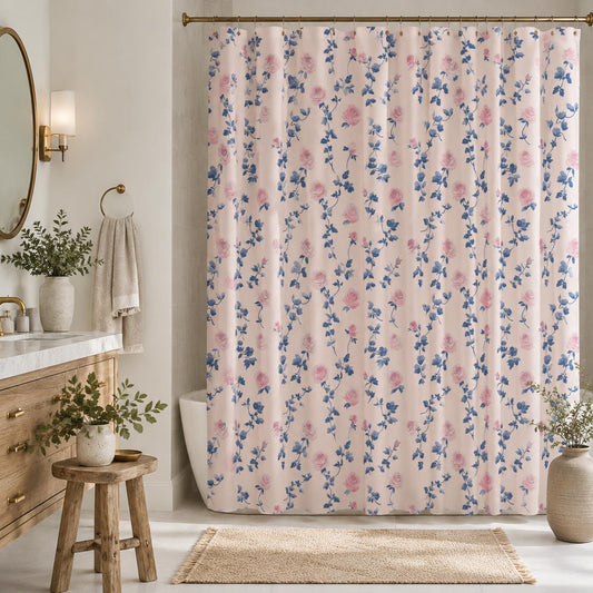 Vintage Rose Shower Curtain, Pink Blue Floral, Shabby Chic French Country Bath Decor