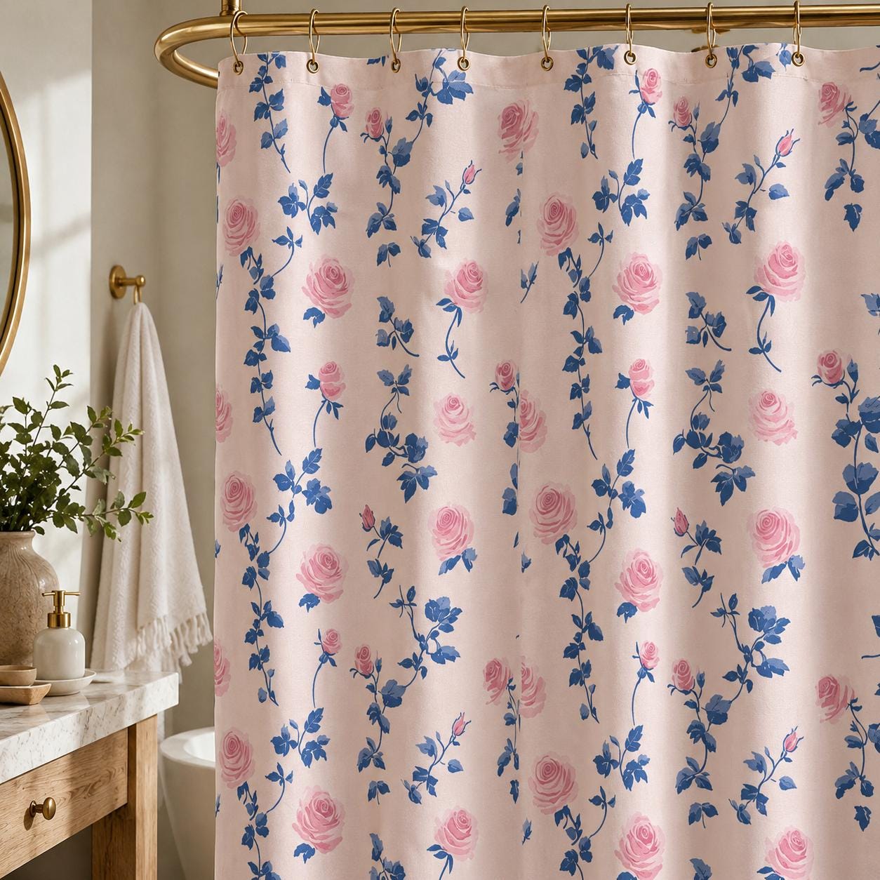 Vintage Rose Shower Curtain, Pink Blue Floral, Shabby Chic French Country Bath Decor