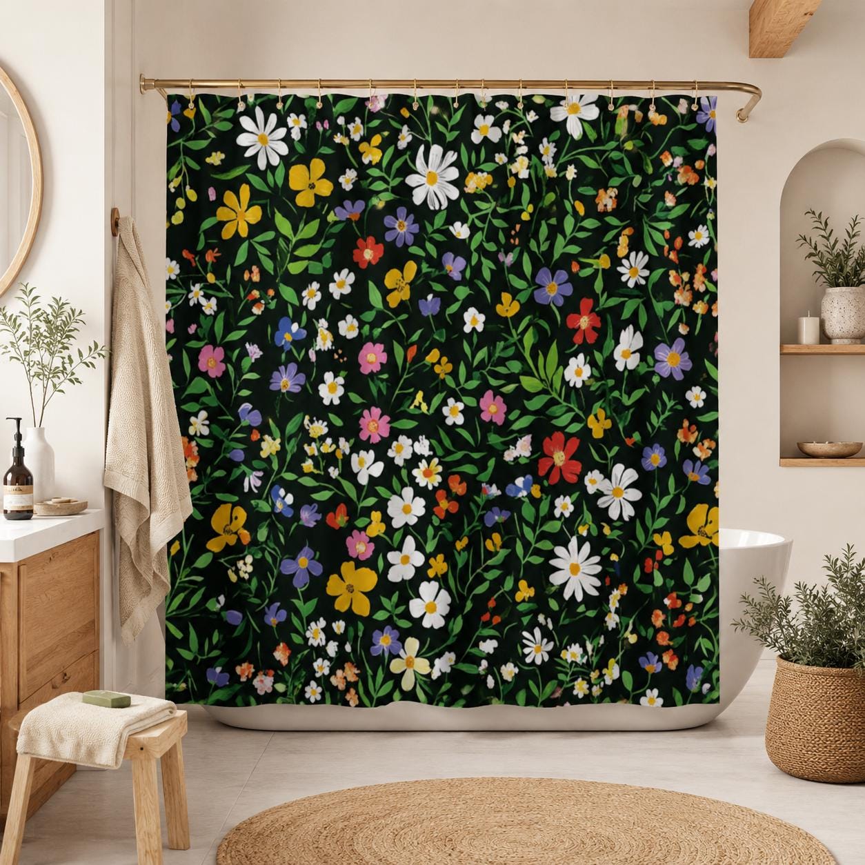 Black Wildflower Shower Curtain, Colorful Meadow Floral Bath Decor