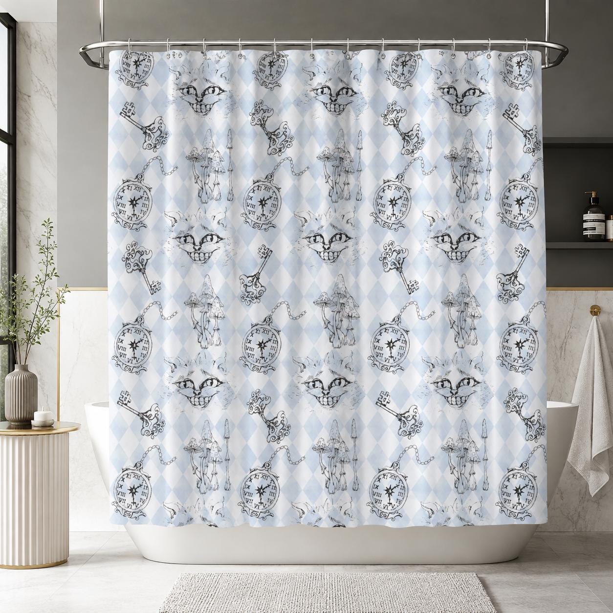 Blue Harlequin Cat Shower Curtain, Whimsical Wonderland Bathroom Decor, Vintage Curio Bath Accent