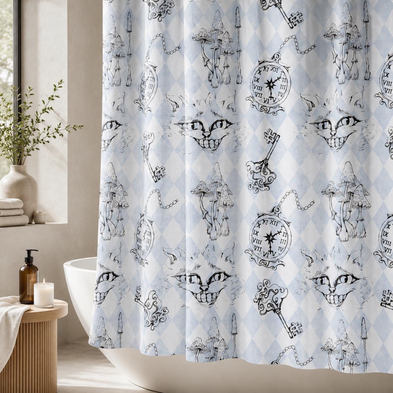 Blue Harlequin Cat Shower Curtain, Whimsical Wonderland Bathroom Decor, Vintage Curio Bath Accent