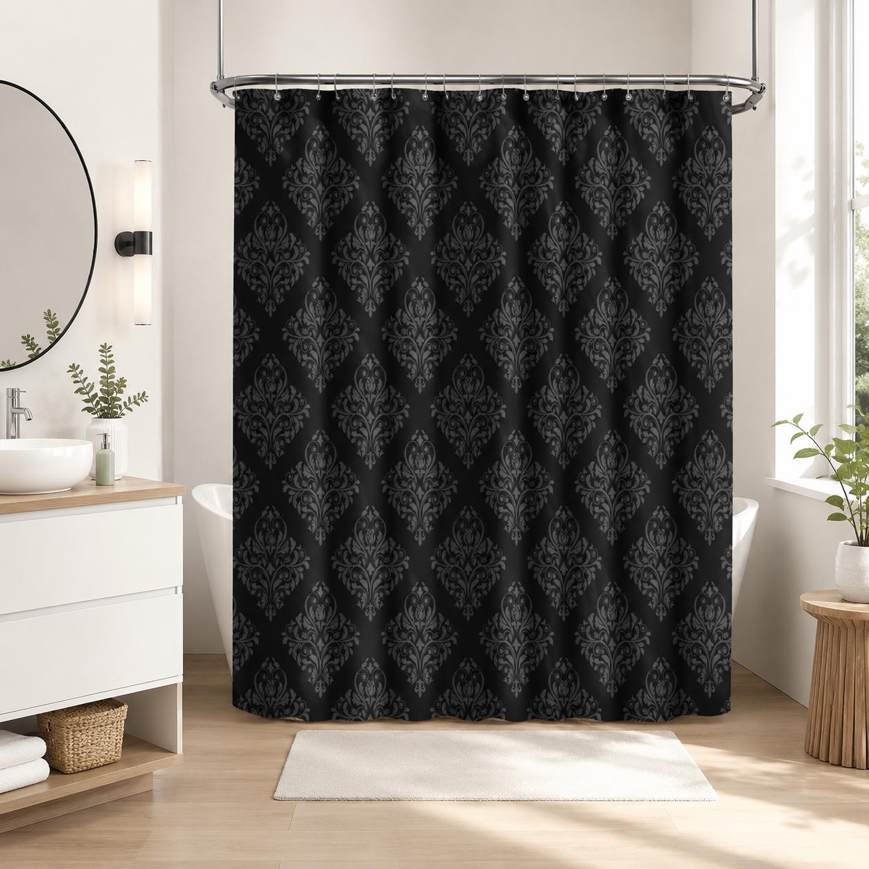Black Damask Shower Curtain, Gothic Victorian Baroque Print, Dark Moody Bathroom Decor