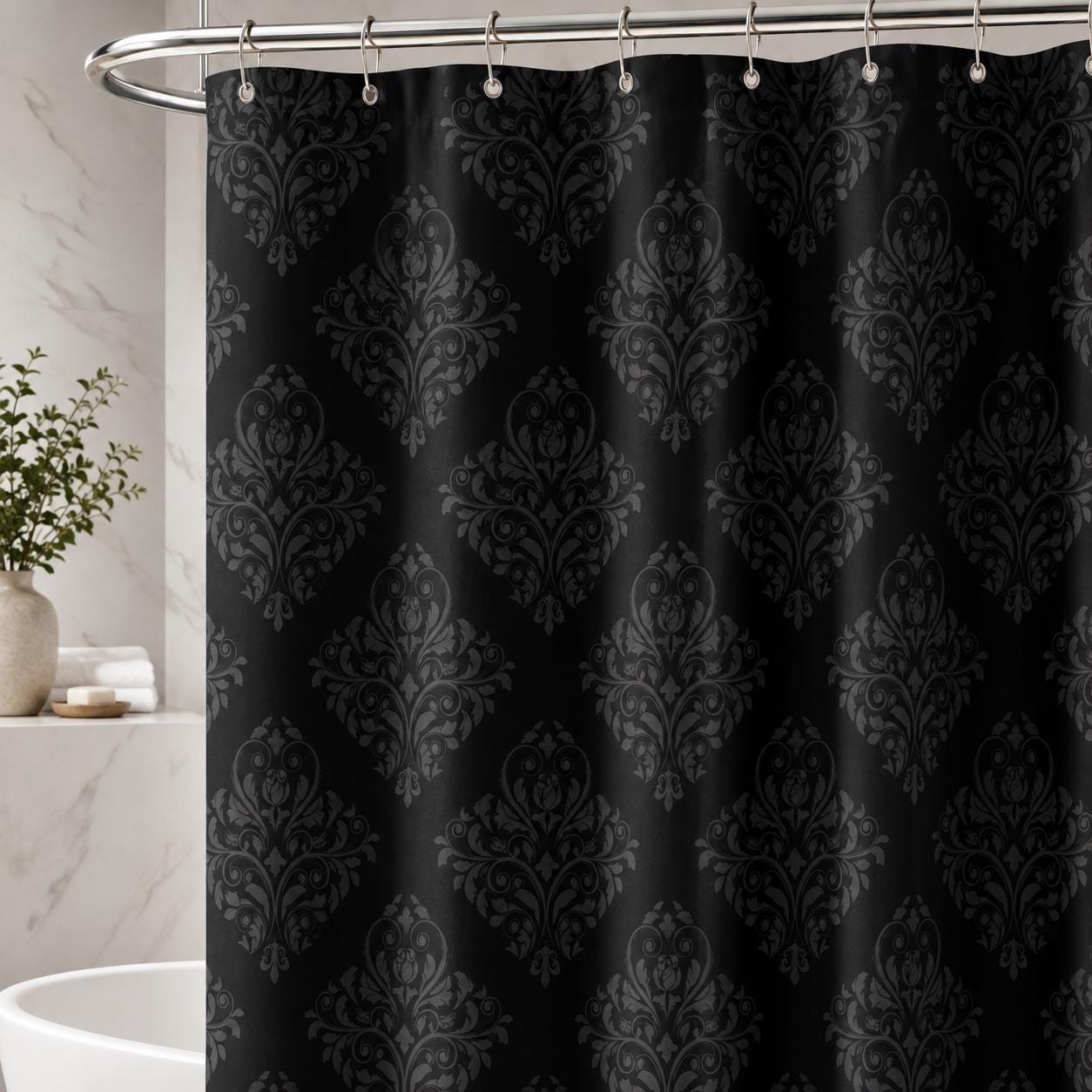Black Damask Shower Curtain, Gothic Victorian Baroque Print, Dark Moody Bathroom Decor