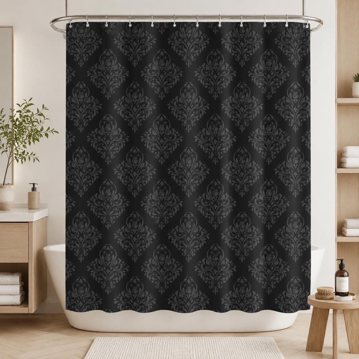 Black Damask Shower Curtain, Gothic Victorian Baroque Print, Dark Moody Bathroom Decor