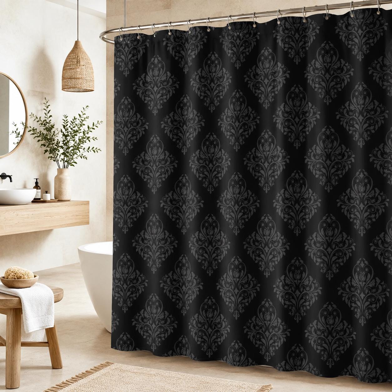 Black Damask Shower Curtain, Gothic Victorian Baroque Print, Dark Moody Bathroom Decor