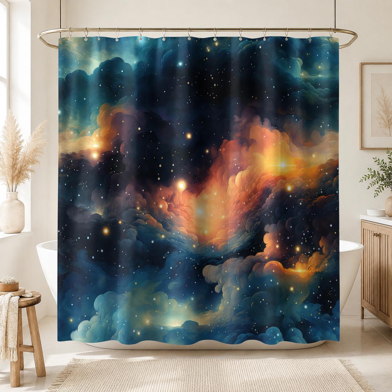 Galaxy Nebula Shower Curtain, Blue Space Bathroom Decor, Cosmic Starry Guest Bath Accent