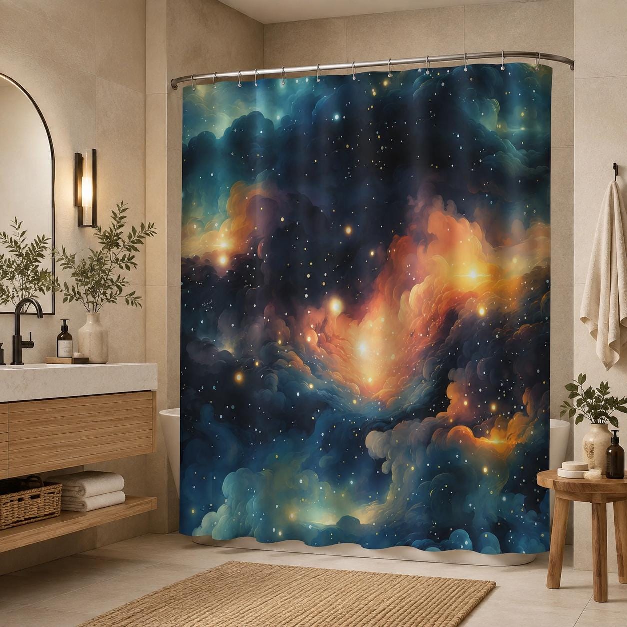 Galaxy Nebula Shower Curtain, Blue Space Bathroom Decor, Cosmic Starry Guest Bath Accent