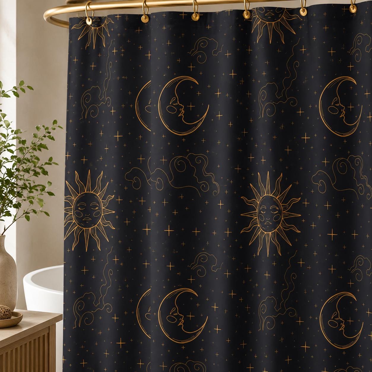 Sun Moon Shower Curtain, Celestial Astrology Bathroom Decor, Starry Night Boho Guest Bath Accent