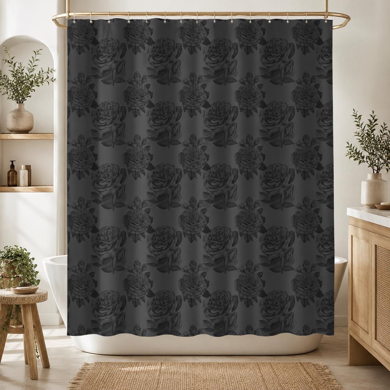 Dark Rose Shower Curtain, Black Botanical Bathroom Decor, Moody Romantic Gothic Guest Bath Accent